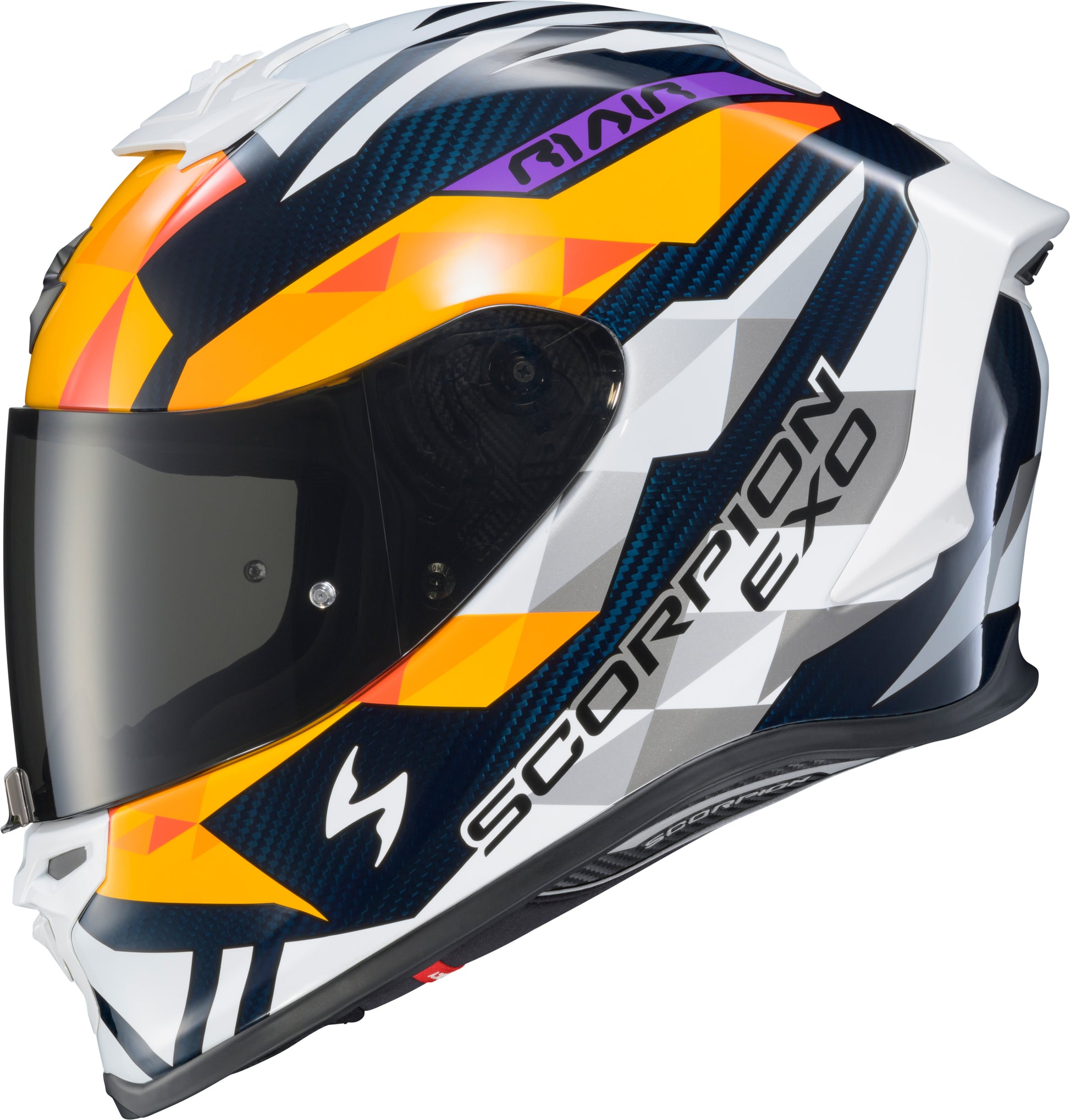 Scorpion EXO R1 Air Full Face Helmet with Carbon Fiber Finish - White, Blue, and Orange
