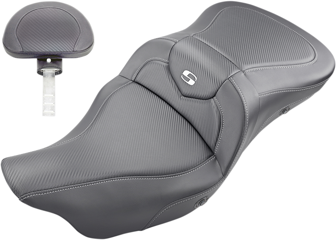 SADDLEMEN Extended Reach Roadsofa™ Seat with Carbon Fiber Finish, Backrest, and Heating for FL '08-'24 – Part 808-07B-186BRHC
