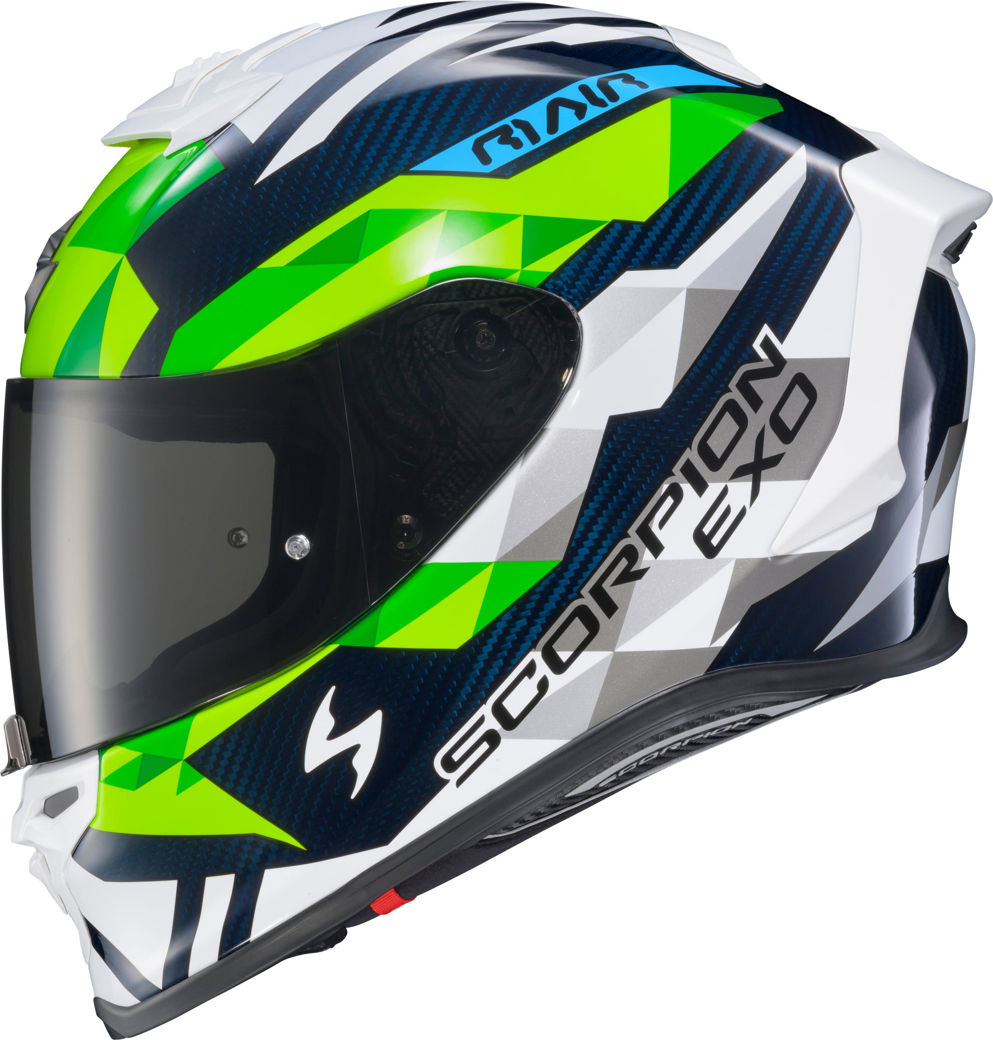 Scorpion EXO R1 Air Full Face Helmet Carbon Raster White/Green/Blue Medium