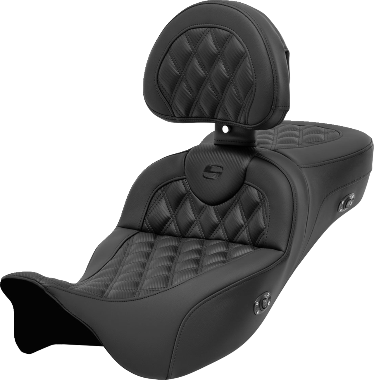 SADDLEMEN Roadsofa™ Extended Reach Seat with Backrest for FL 2008-2023 - Carbon Fiber Lattice Stitch