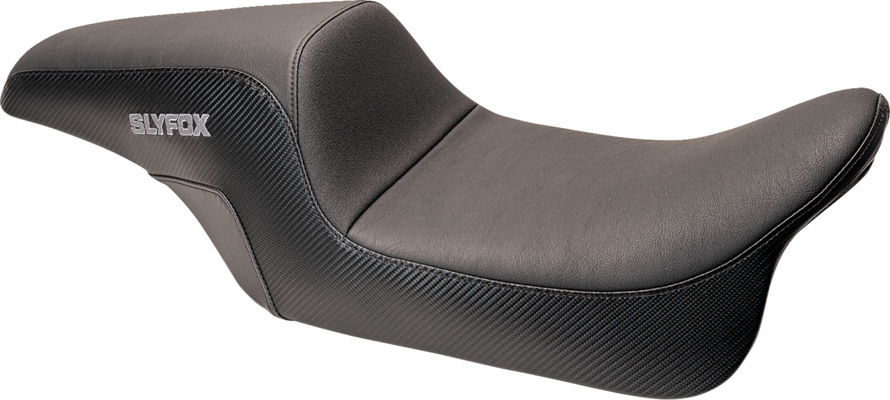 SLYFOX Drifter Seat Gray Logo with Smooth Vinyl and Carbon Fiber Sides for Dyna '06-'17 - Part No. SlyFox4682B