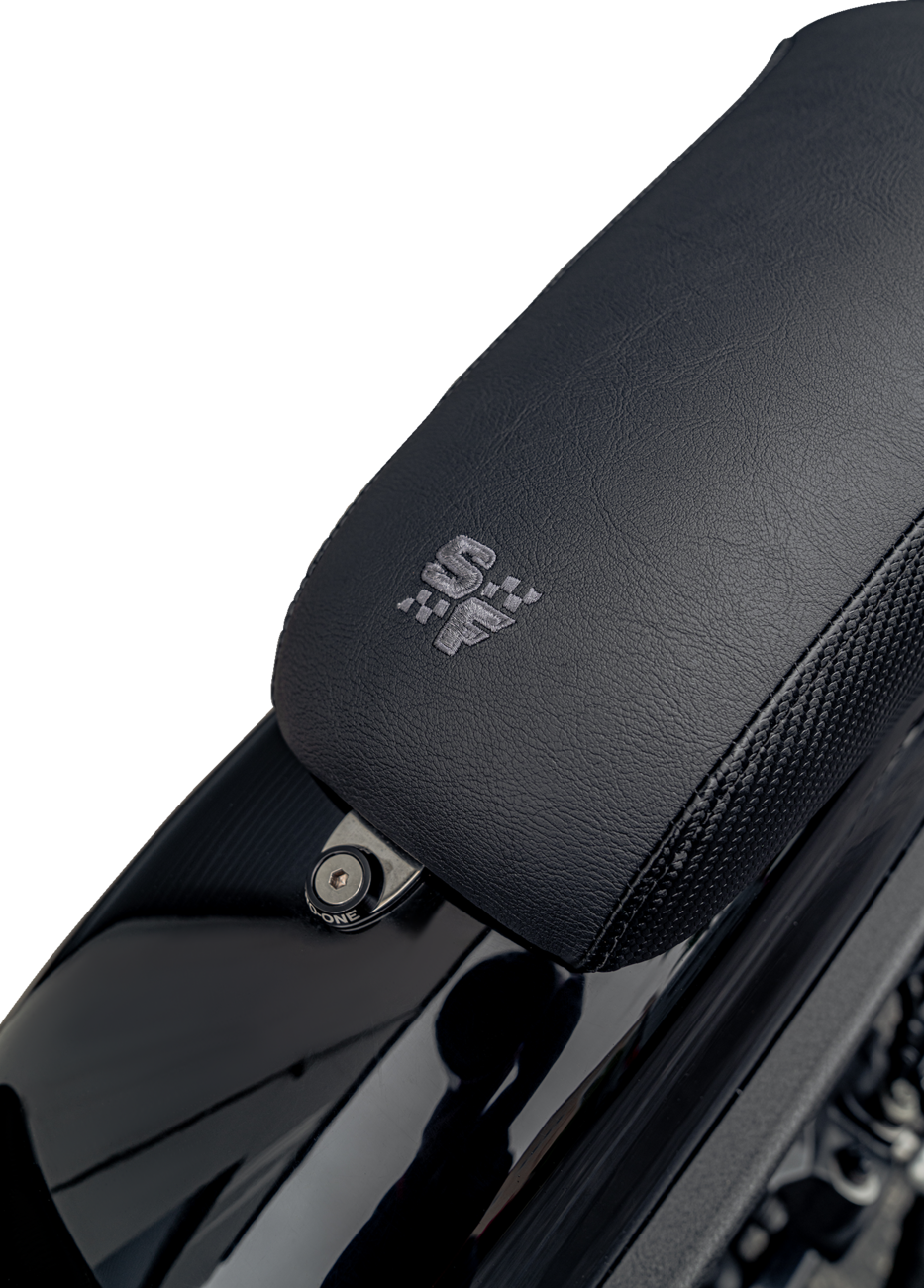 SLYFOX Drifter Seat - Gray Logo with Black Vinyl, Slipstop Lumbar, and Carbon Fiber Sides for Dyna '96-'03 (Part #4883B-slyfox)