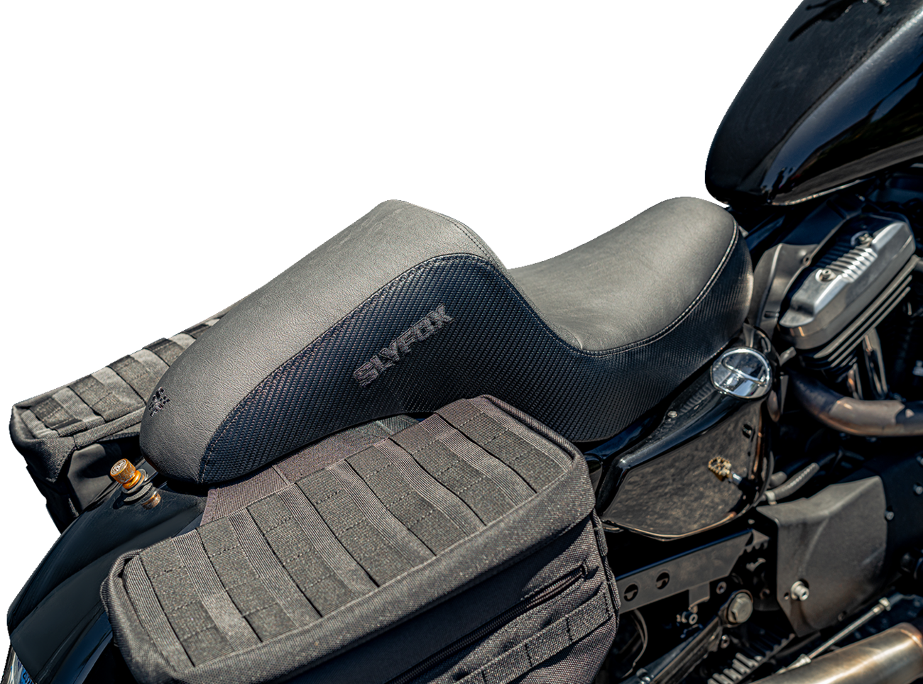 SLYFOX Drifter Seat - Black Vinyl with Slipstop and Carbon Fiber Sides, XL Fit for '04-'22 Models (Part Number 4684A-slyfox)