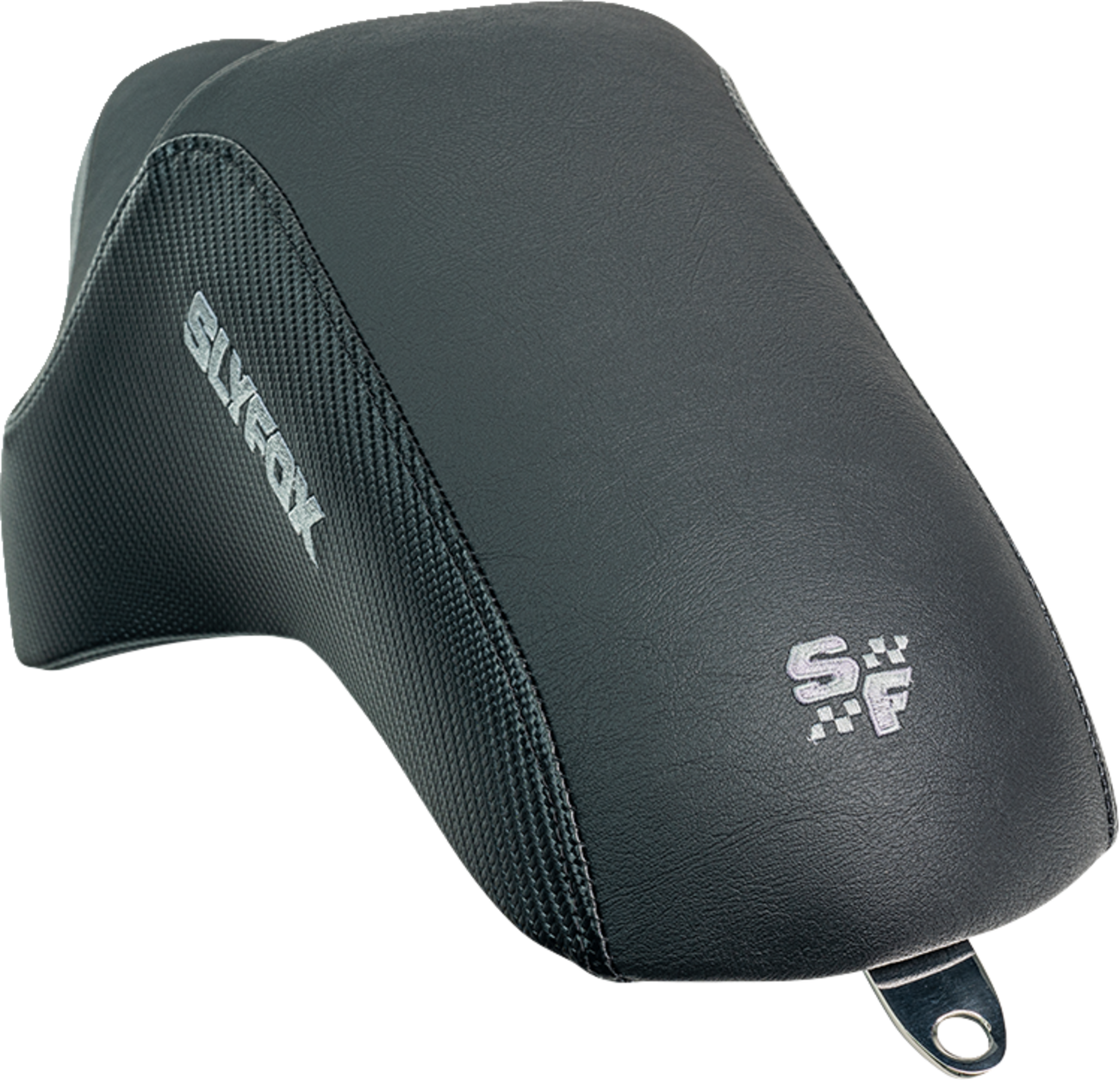 SLYFOX Drifter Seat - Gray Logo, Black Vinyl with Slipstop, Carbon Fiber Sides - XL for '04-'22 Models Part 4684B-slyfox