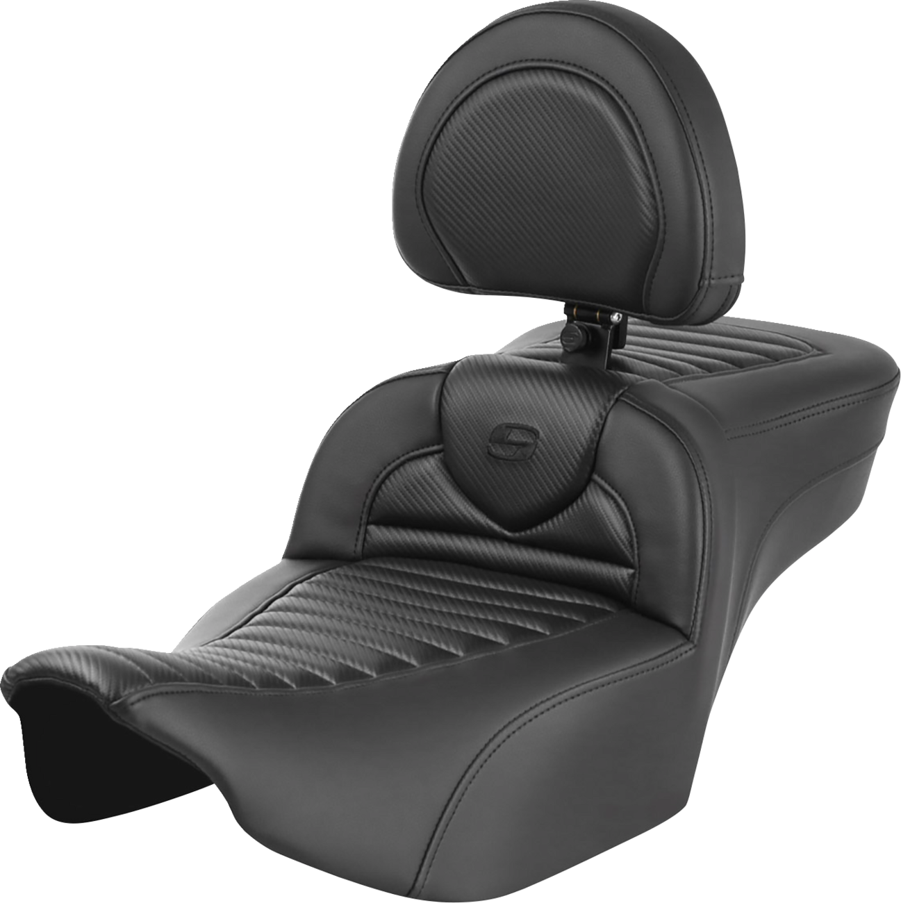 SADDLEMEN Roadsofa™ Extended Reach Seat with Backrest for FLTR/FLHX '23-'24 – Carbon Fiber, Tuck-n-Roll Finish, Part 823-07-205B0
