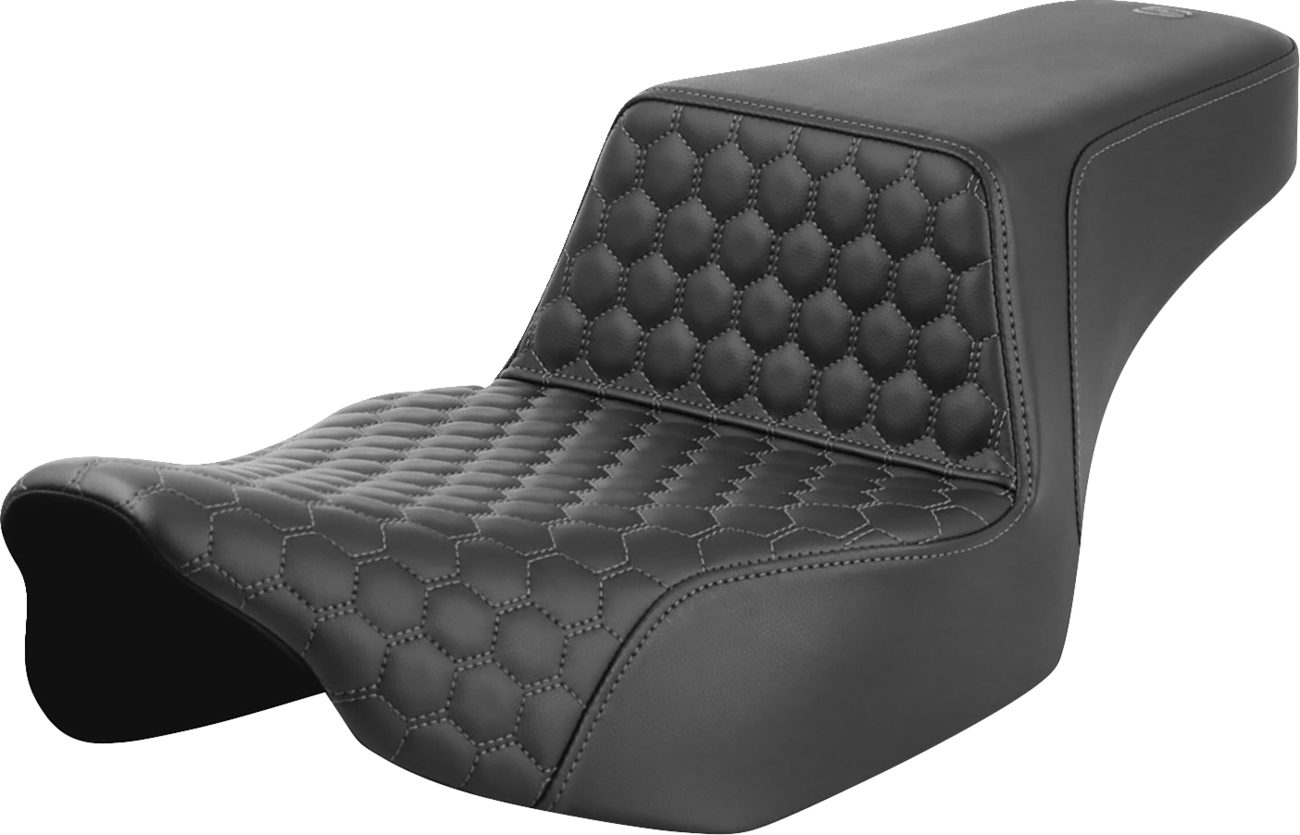SADDLEMEN Step-Up Seat with Extended Reach for FL '23-'24 - Gray Stitch, Honeycomb Pattern, Part Number 823-07-17802