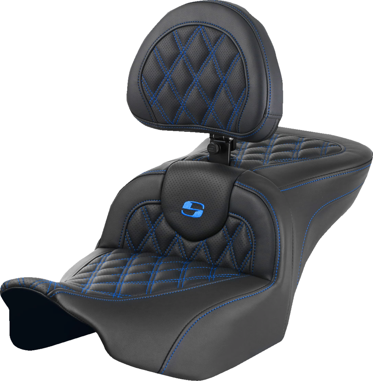 SADDLEMEN RoadSofa™ Seat with Backrest for FLTR/FLHX 2023-2024 - Blue Stitch, Lattice Design – Part Number 823-07-182B1