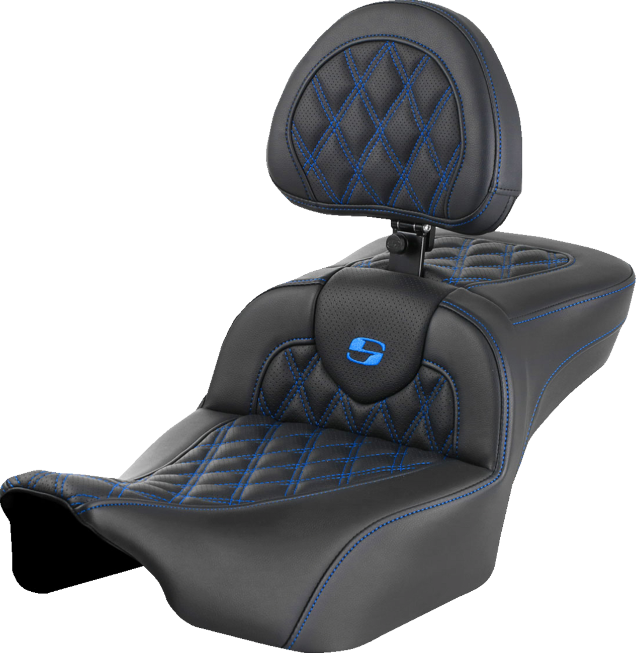 SADDLEMEN Roadsofa™ Extended Reach Seat with Backrest for FLTR/FLHX 2023-2024 – Blue Lattice Stitch, Part 823-07-184B1