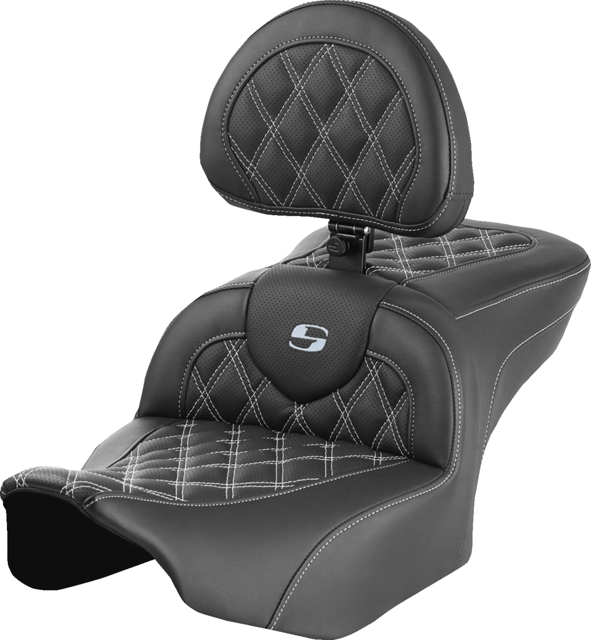 SADDLEMEN RoadSofa™ Seat with Backrest for FLTR/FLHX 2023-2024 – Silver Stitch, Lattice Design, Part #823-07-182B5