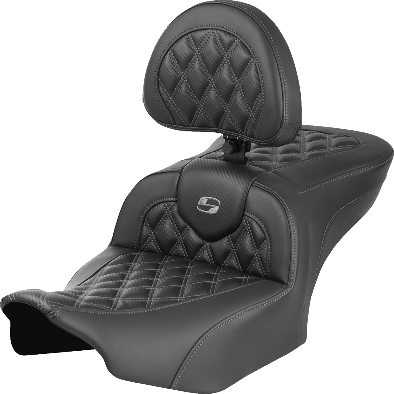 SADDLEMEN RoadSofa™ Seat with Backrest for FLTR/FLHX 2023-2024 – Carbon Fiber Finish with Gray Lattice Stitch, Part No. 823-07-206B2