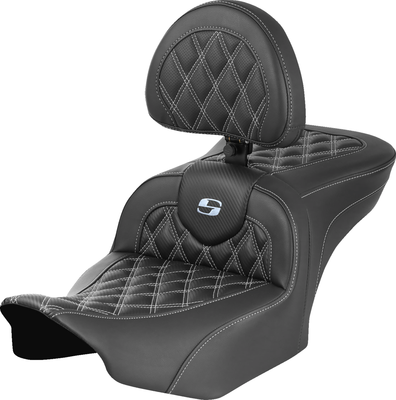 SADDLEMEN RoadSofa™ Seat with Backrest for FLTR/FLHX 2023-2024 - Carbon Fiber Finish, Silver Lattice Stitch, Model 823-07-206B5