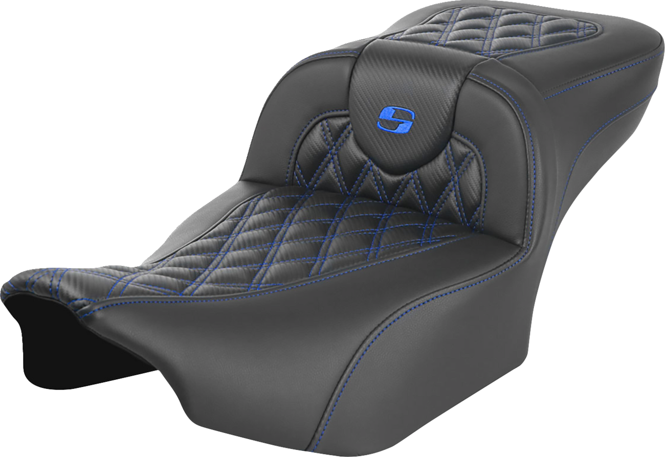 SADDLEMEN Roadsofa™ Extended Reach Seat for FLTR/FLHX '23-'24 with Lattice Stitch and Blue Stitch, Part Number 823-07-20701