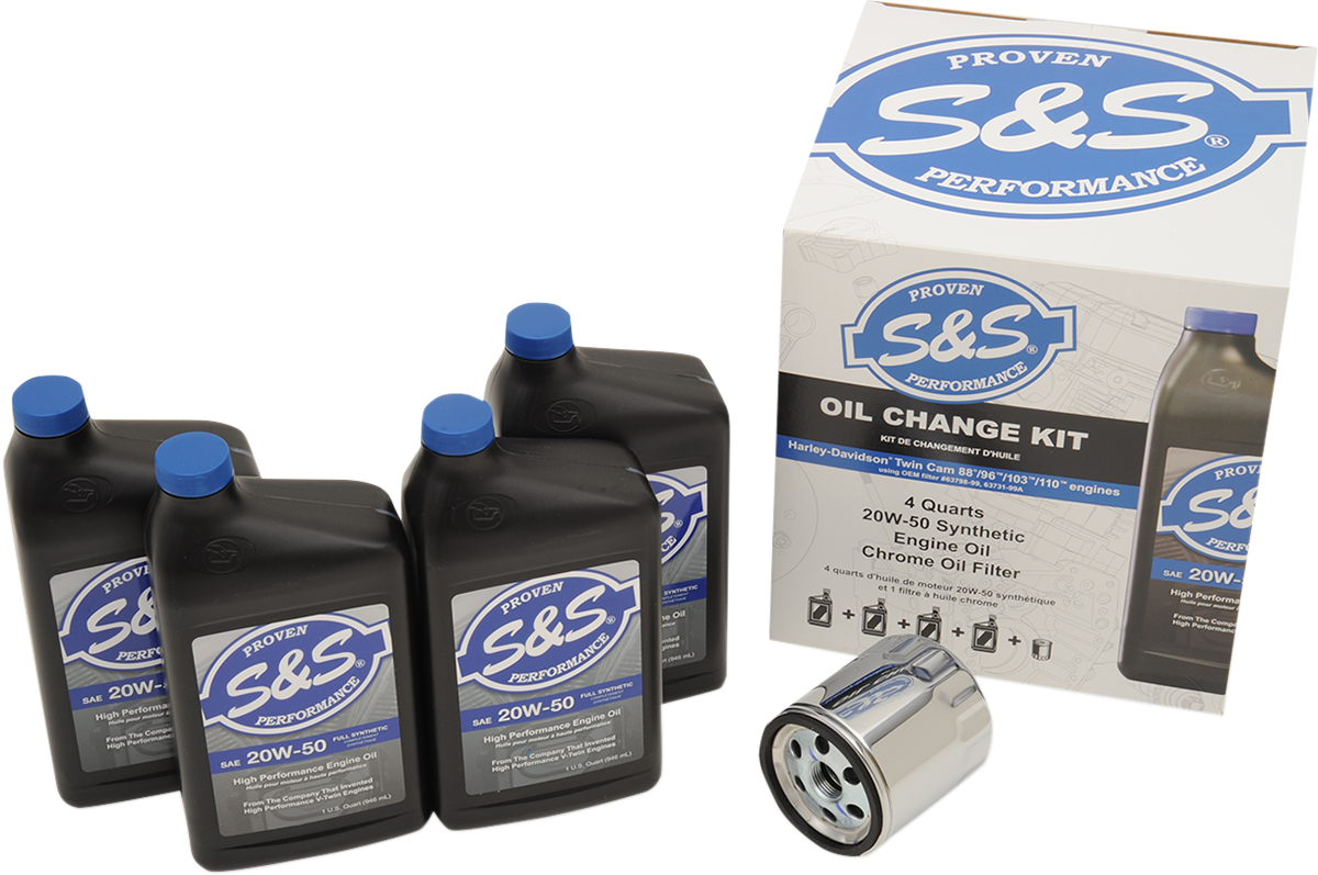 S&S CYCLE Oil Change Kit with Chrome Filter for Harley-Davidson Twin Cam 1999-2017 – 4 Quarts 218942