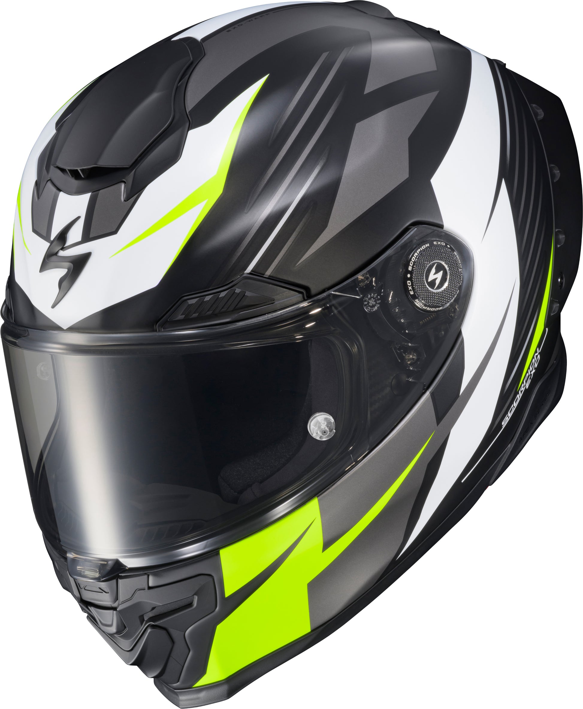 Scorpion EXO War-3116 Apex Exo Warp Full Face Helmet with Dilithium Black, White, and Hi-Vis XL