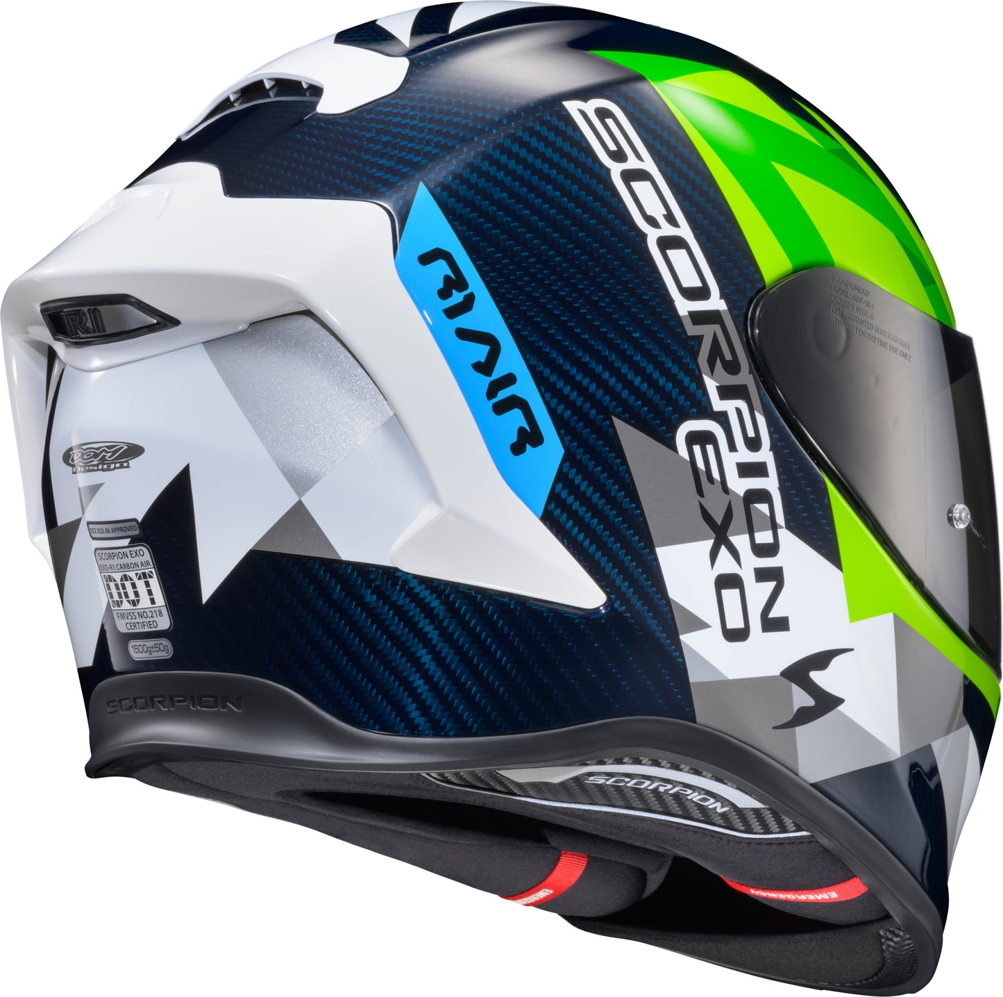 Scorpion EXO R1 Air Full Face Helmet Carbon Rastor White/Green/Blue Large