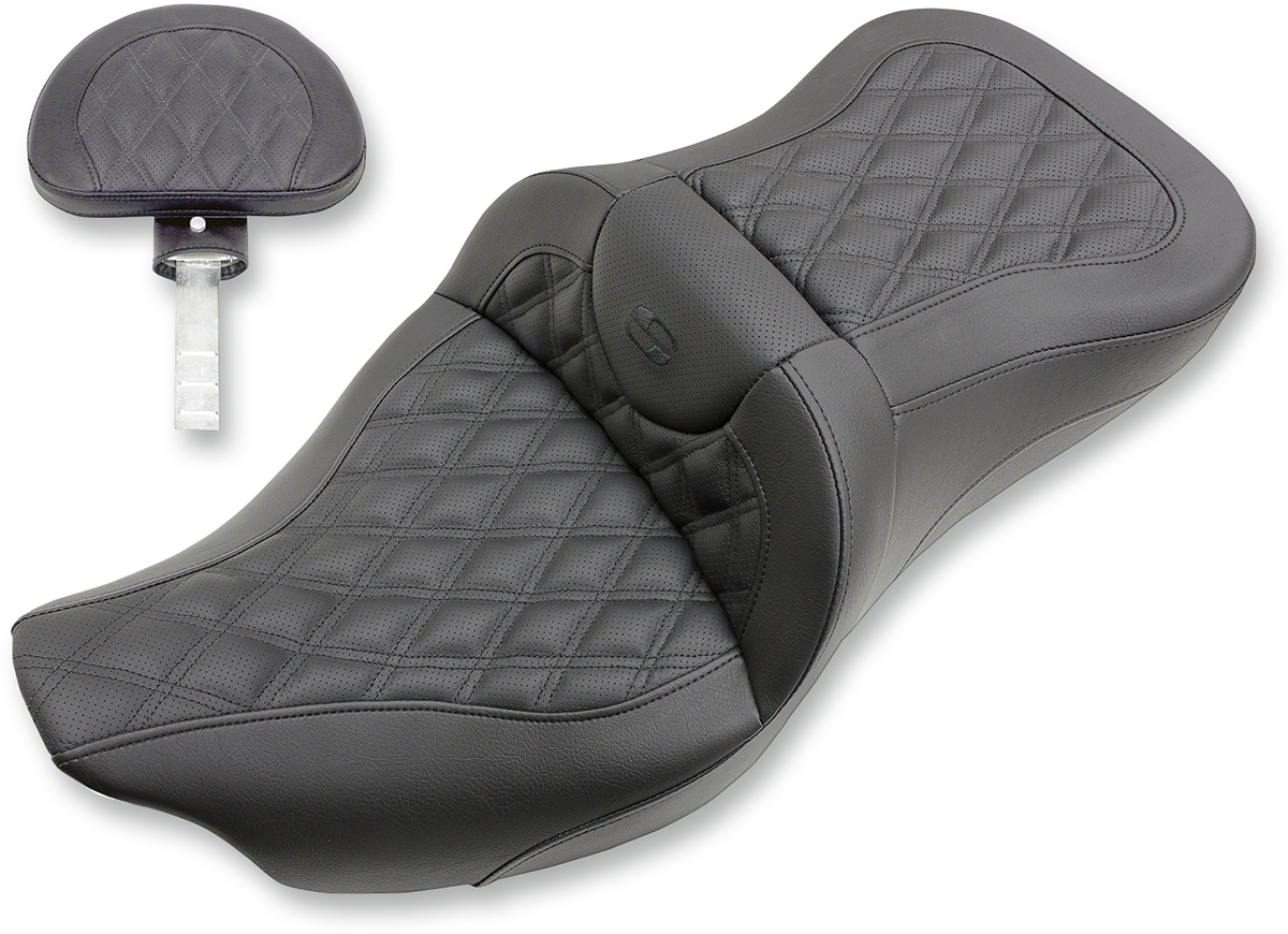 SADDLEMEN Extended Reach Roadsofa™ Seat with Lattice Stitching and Backrest for FL '08-'24 – Part Number 808-07B-184BR
