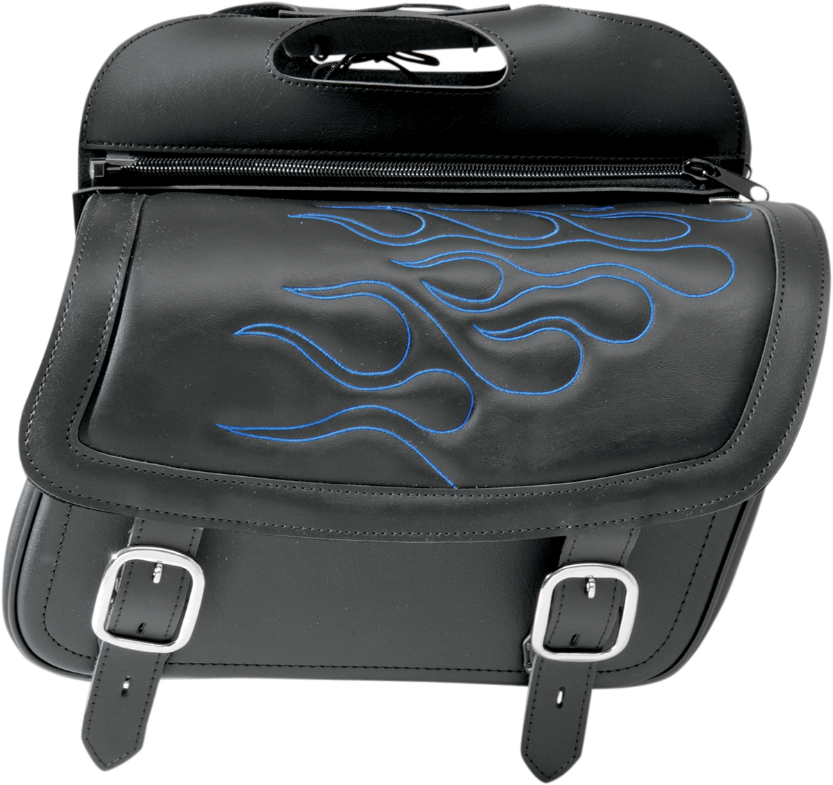 SADDLEMEN Flame Saddlebag - Blue Jumbo Model 3501-0774 with Dual Leather Straps and Lockable Buckles