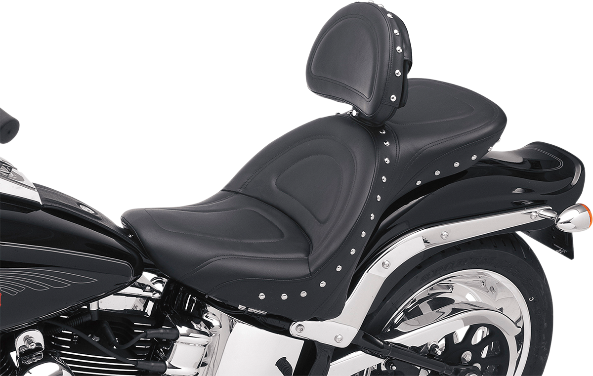 SADDLEMEN Explorer Special Seat with Backrest for Harley FL/FX 2000-2006 – Studded Design, Weather-Resistant Comfort