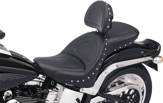 SADDLEMEN Explorer Special Seat with Backrest for Harley FL/FX 2000-2006 – Studded Design, Weather-Resistant Comfort