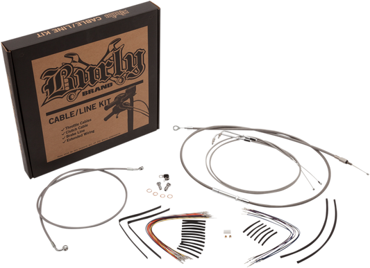BURLY BRAND Complete Stainless Braided Handlebar Cable/Brake Line Kit - 14" Ape Hangers - '11-'15 Softail B30-1127