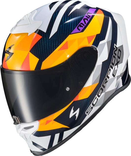 Scorpion EXO R1 Air Full Face Helmet Carbon Rastor OR/White/Blue * Motorcycle Racing-Ready with Advanced Ventilation and Safety Features