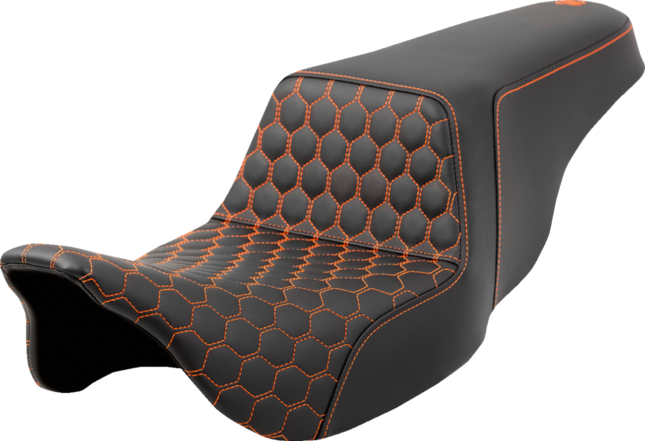 SADDLEMEN Step-Up Seat with Honeycomb Pattern and Orange Stitching for Harley FL 2008-2023 – Part 808-07B-17703