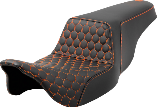 SADDLEMEN Step-Up Seat with Honeycomb Pattern and Orange Stitching for Harley FL 2008-2023 – Part 808-07B-17703