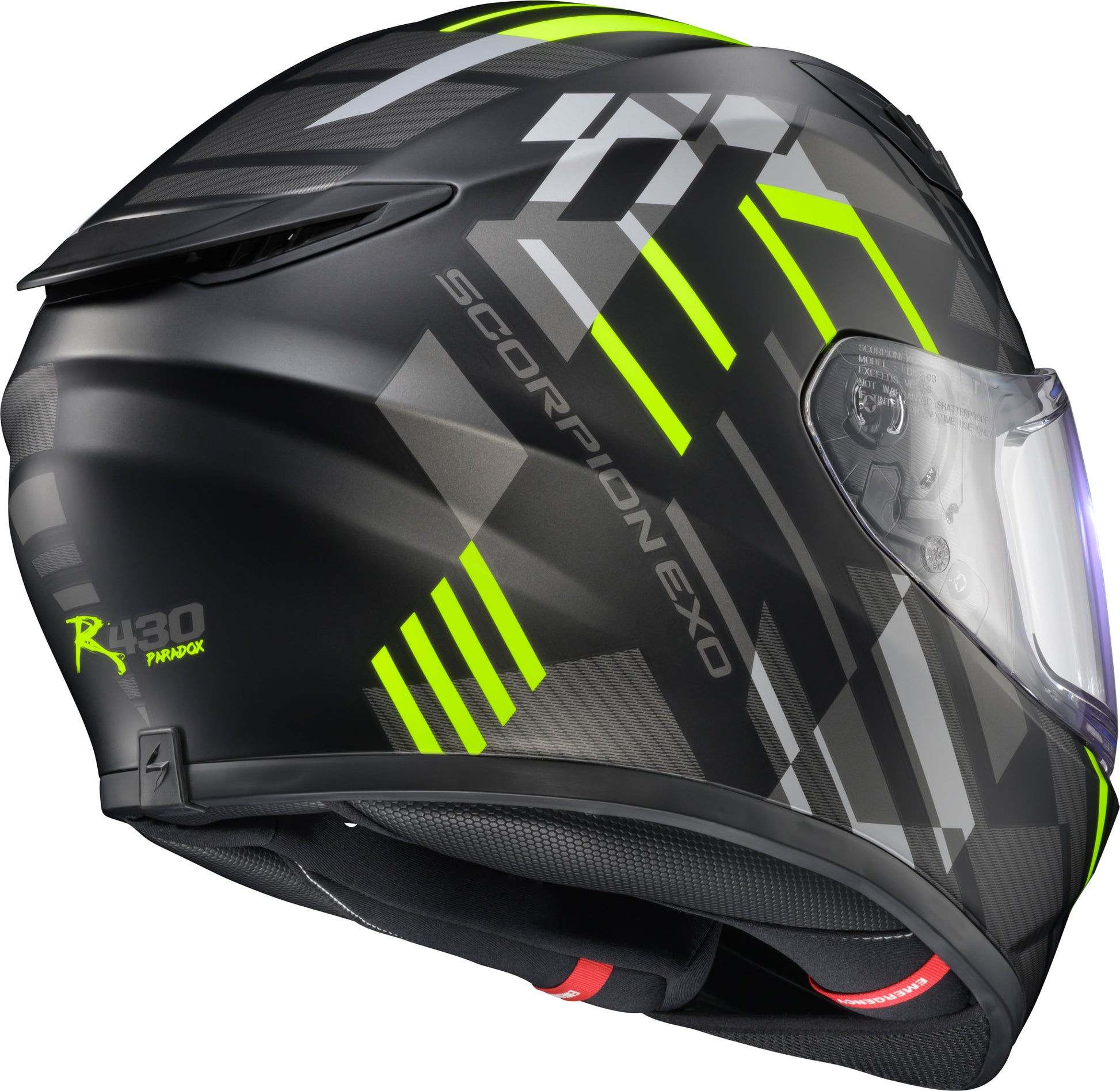 Scorpion EXO Exo R430 Full Face Helmet Paradox Hi Viz 2X * Lightweight, Aerodynamic Motorcycle Helmet with Elliptec Shield and Advanced Ventilation