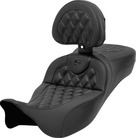 SADDLEMEN Roadsofa™ Extended Reach Seat with Backrest for FL 2008-2024 – Carbon Fiber, Lattice Stitch, Tall Lumbar Support