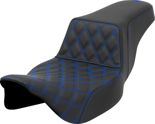 SADDLEMEN Step-Up Front Seat with Lattice Stitch - Blue Stitch - Extended Reach for FLH/FLT 2008-2023 Part 808-07E-17201