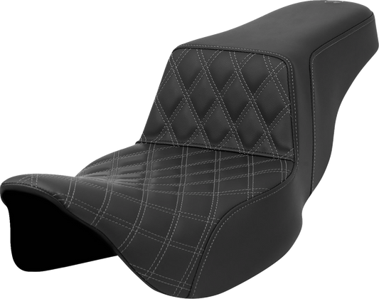 SADDLEMEN Step-Up Front Seat with Lattice Stitch for FLH/FLT 2008-2023 – Gray Stitch, Extended Reach (Part #808-07E-17202)