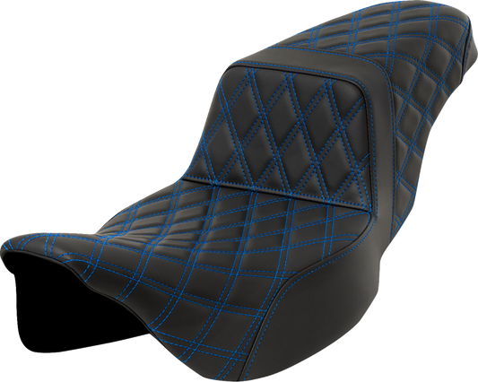 SADDLEMEN Step-Up Seat with Lattice Stitch for FLH/FLT '08-'23 – Blue Stitch, Extended Reach, Part 808-07E-17501