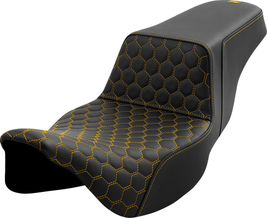 SADDLEMEN Step-Up Seat with Honeycomb Pattern for FL 2008-2023, Extended Reach, Gold Stitching - Part 808-07B-17807