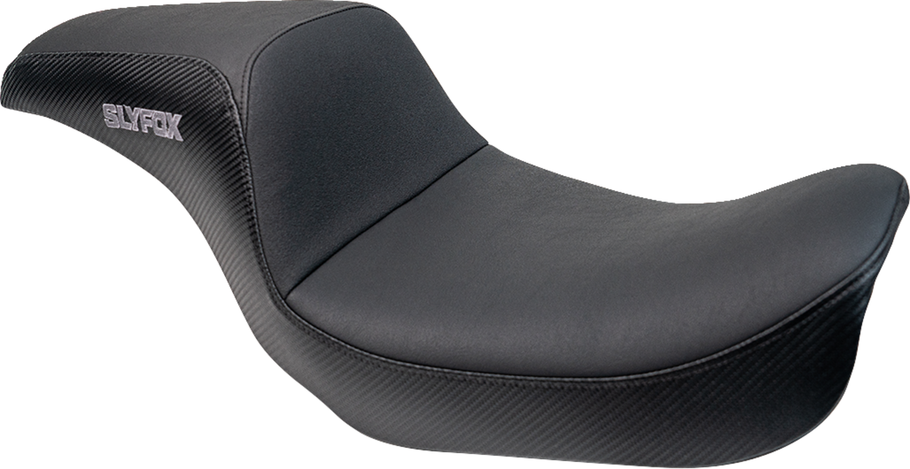 SLYFOX Drifter Seat - Gray Logo with Black Vinyl, Slipstop Lumbar, and Carbon Fiber Sides for Dyna '96-'03 (Part #4883B-slyfox)