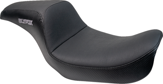 SLYFOX Drifter Seat - Gray Logo with Black Vinyl, Slipstop Lumbar, and Carbon Fiber Sides for Dyna '96-'03 (Part #4883B-slyfox)