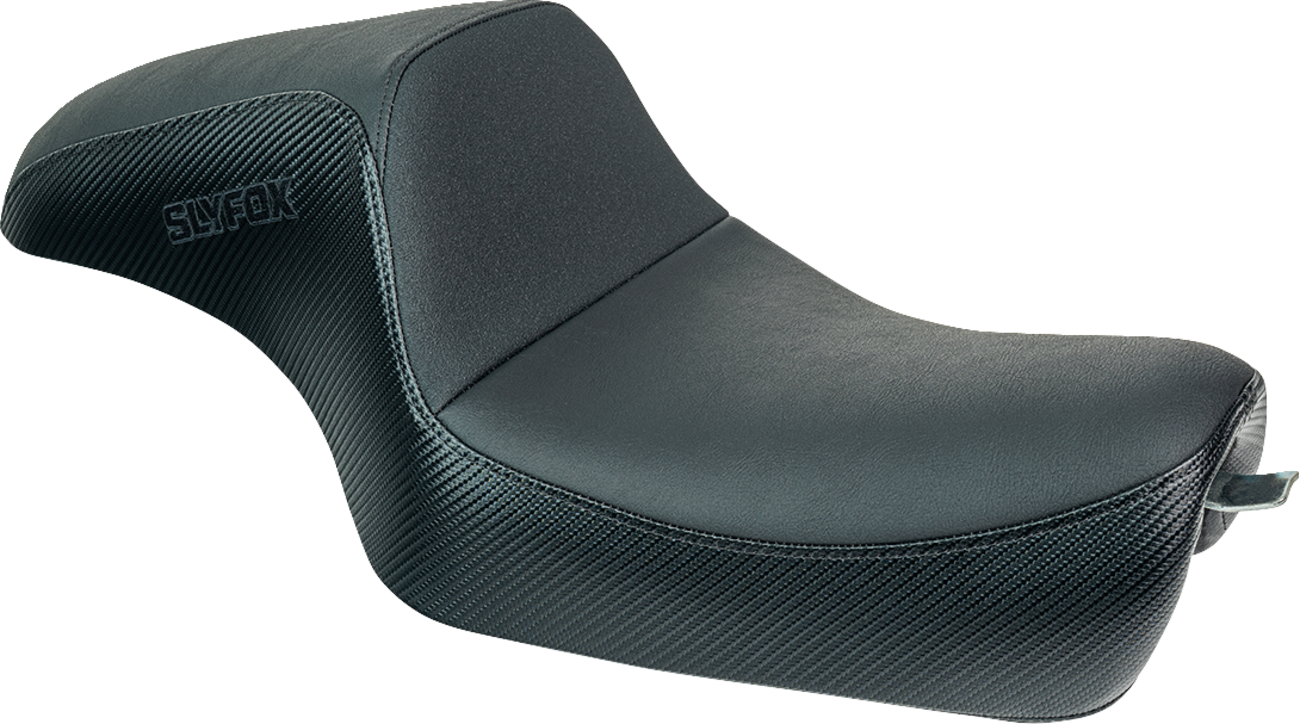 SLYFOX Drifter Seat - Black Vinyl with Slipstop and Carbon Fiber Sides, XL Fit for '04-'22 Models (Part Number 4684A-slyfox)