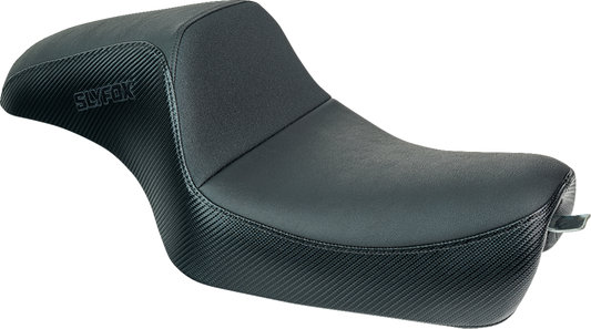 SLYFOX Drifter Seat - Black Vinyl with Slipstop and Carbon Fiber Sides, XL Fit for '04-'22 Models (Part Number 4684A-slyfox)