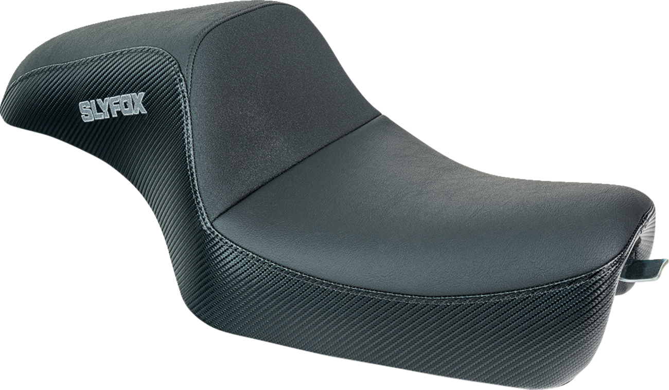 SLYFOX Drifter Seat - Gray Logo, Black Vinyl with Slipstop, Carbon Fiber Sides - XL for '04-'22 Models Part 4684B-slyfox