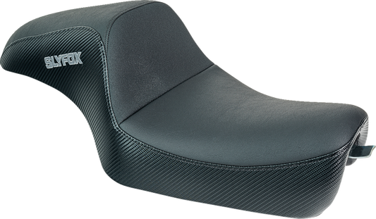 SLYFOX Drifter Seat - Gray Logo, Black Vinyl with Slipstop, Carbon Fiber Sides - XL for '04-'22 Models Part 4684B-slyfox
