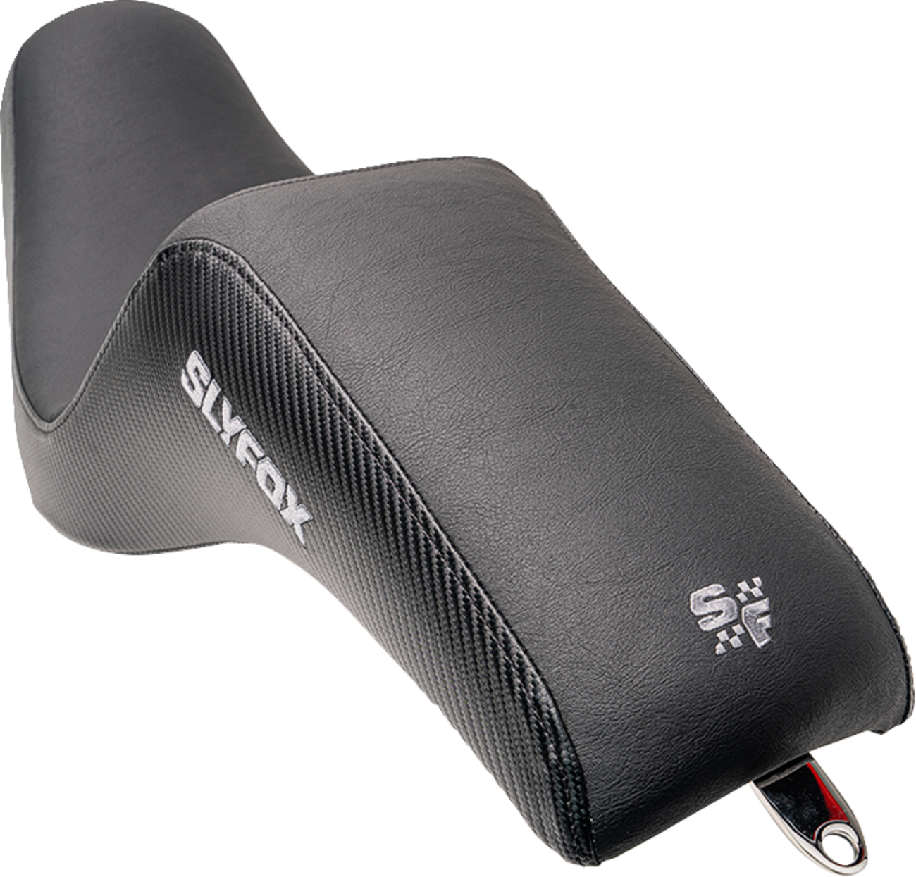 SLYFOX Drifter Seat - Gray Logo with Black Vinyl, Slipstop Lumbar, and Carbon Fiber Sides for Dyna '96-'03 (Part #4883B-slyfox)