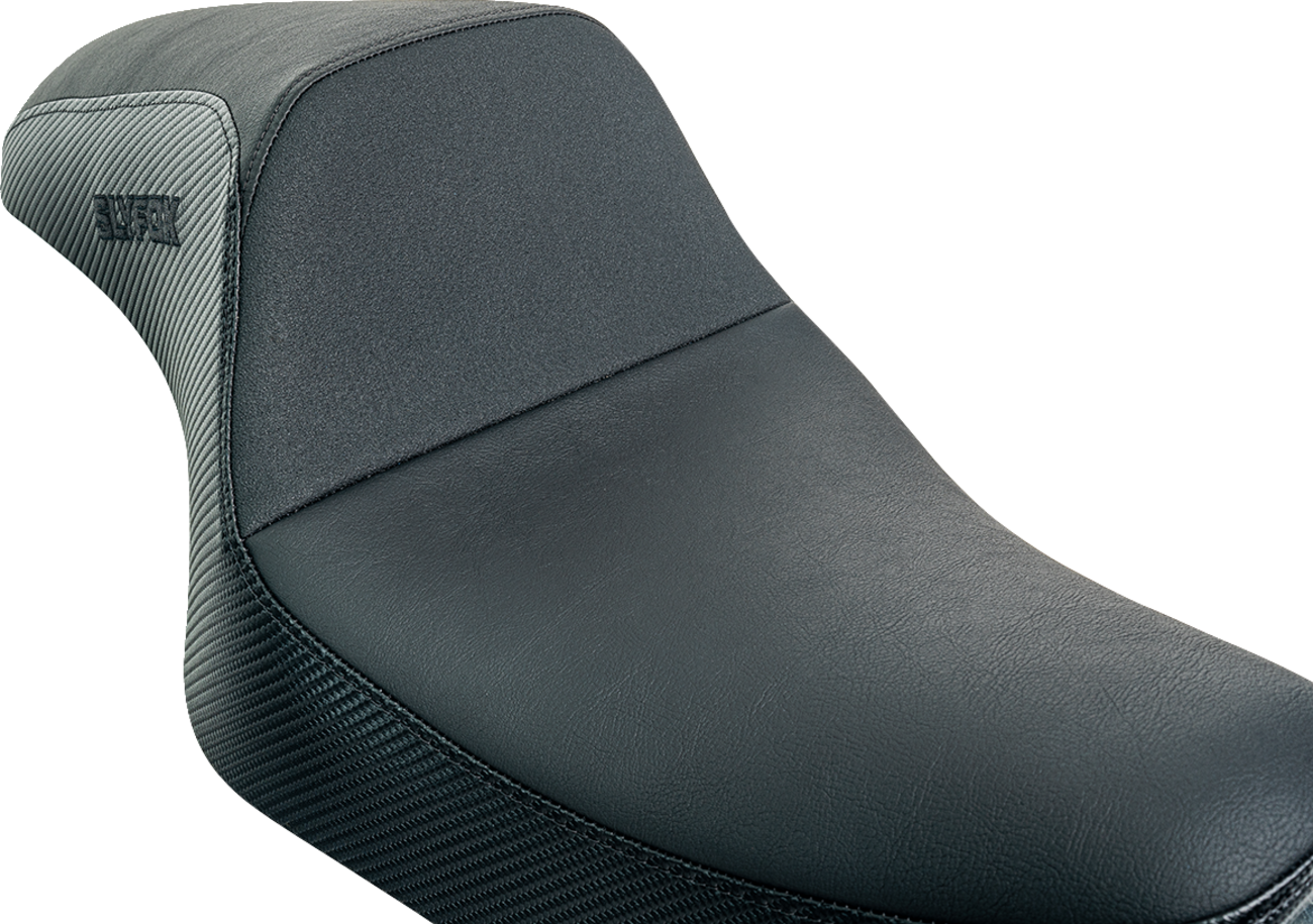 SLYFOX Drifter Seat - Black Vinyl with Slipstop and Carbon Fiber Sides, XL Fit for '04-'22 Models (Part Number 4684A-slyfox)