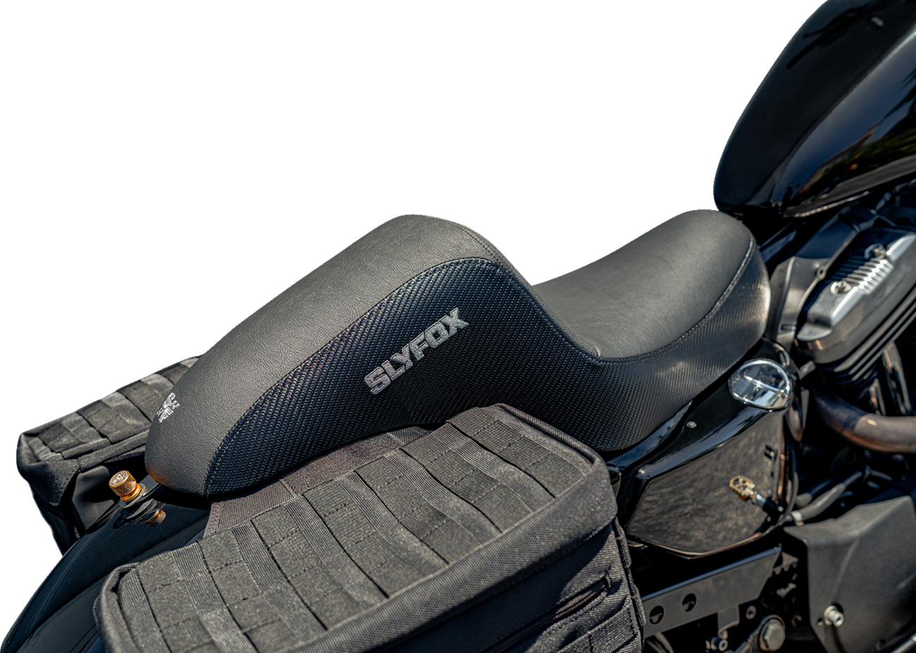 SLYFOX Drifter Seat - Gray Logo, Black Vinyl with Slipstop, Carbon Fiber Sides - XL for '04-'22 Models Part 4684B-slyfox
