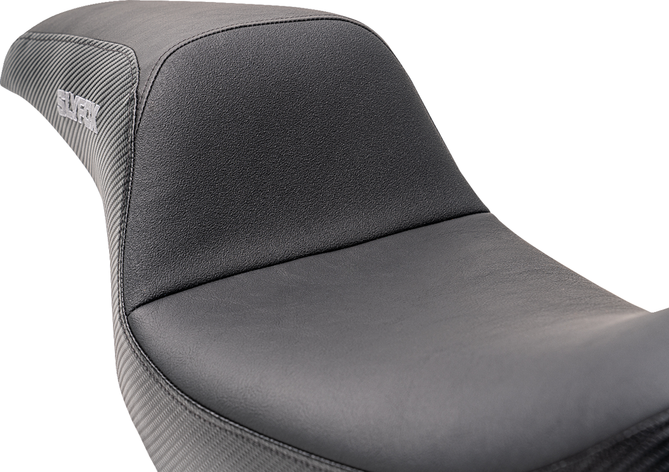 SLYFOX Drifter Seat - Gray Logo with Black Vinyl, Slipstop Lumbar, and Carbon Fiber Sides for Dyna '96-'03 (Part #4883B-slyfox)