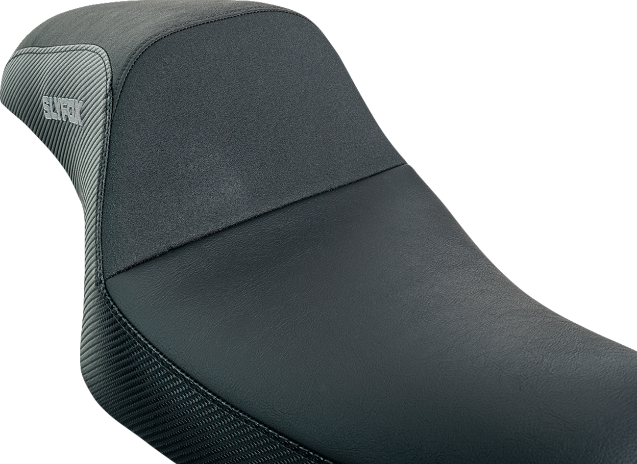 SLYFOX Drifter Seat - Gray Logo, Black Vinyl with Slipstop, Carbon Fiber Sides - XL for '04-'22 Models Part 4684B-slyfox