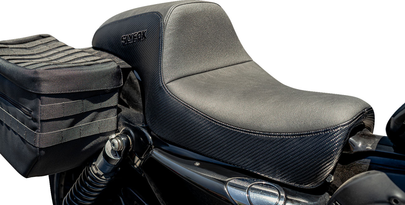 SLYFOX Drifter Seat - Black Vinyl with Slipstop and Carbon Fiber Sides, XL Fit for '04-'22 Models (Part Number 4684A-slyfox)