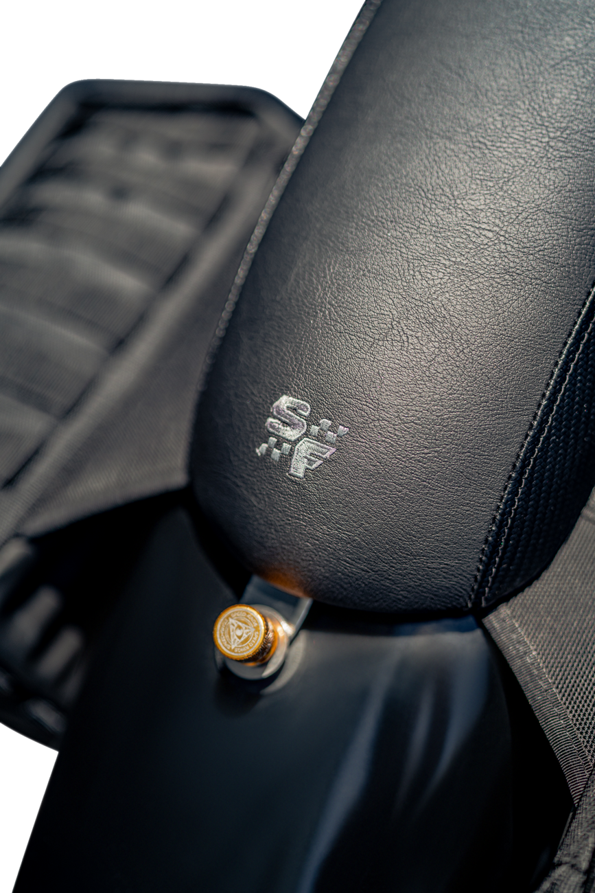 SLYFOX Drifter Seat - Gray Logo, Black Vinyl with Slipstop, Carbon Fiber Sides - XL for '04-'22 Models Part 4684B-slyfox