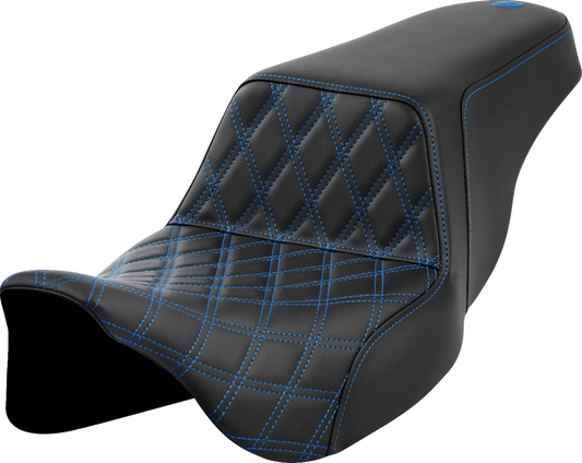 SADDLEMEN Step-Up Front Seat with Lattice Stitch - Blue Stitch for FLH/FLT 2008-2023, Part 808-07B-17201