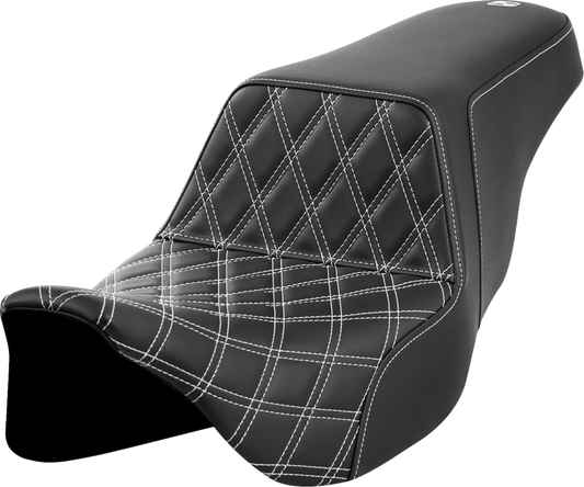 SADDLEMEN Step-Up Front Seat with Lattice Stitch – White Stitch for FLH/FLT '08-'23 | Part 808-07B-17206
