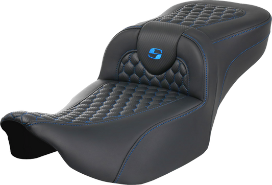 SADDLEMEN Roadsofa™ Extended Reach Seat for FLTR/FLHX 2023-2024 – Honeycomb Blue Stitch, Part Number 823-07-19001