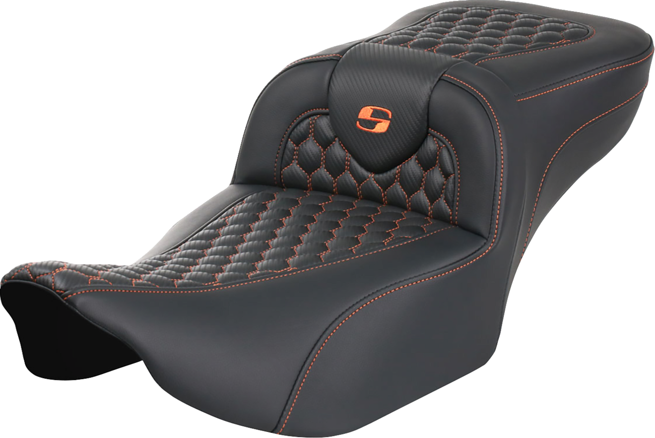 SADDLEMEN Roadsofa™ Extended Reach Seat for FLTR/FLHX '23-'24 with Honeycomb Cover and Orange Stitch - Part 823-07-19003